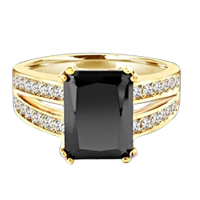 Diamond Essence Designer ring with 5.0 ct. Onyx stone in center with two rows of round stone on each side of the band, 5.50 Cts. T.W. set in 14K Gold Vermeil.