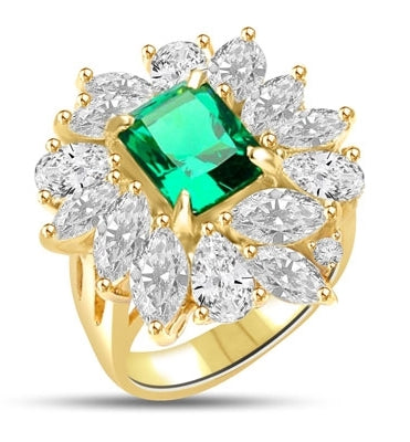 Prong Set Cocktail Ring with Radiant Emerald Cut Emerald Essence, Marquise and Pear Cut Brilliant Diamonds by Diamond Essence set in Vermeil