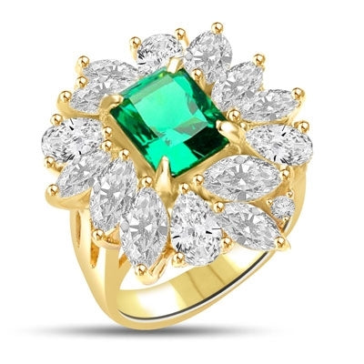 Prong Set Cocktail Ring with Radiant Emerald Cut Emerald Essence, Marquise and Pear Cut Brilliant Diamonds by Diamond Essence set in Vermeil