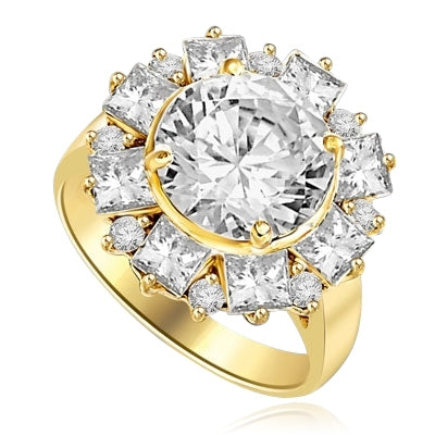 Diamond Essence Designer Ring With Round Brilliant Diamond Essence in center surrounded by alternately set Princess and melee. 7.25 Cts. T.W. set in 14K Gold Vermeil.