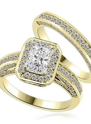 Wedding Set - 1.0 Ct. Radiant Emerald cut Diamond Essence center with Melee around and flowing down the band. Matching band with Melee, 2.75 Cts. T.W. set in 14K Gold Vermeil.