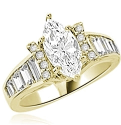 Diamond Essence Designer Ring With Marquise cut Diamond Essence, 1.50 Cts set in six prongs and Diamond Essence Melee on two sides on curved bars,The band is enhanced with Diamond Essence baguettes, 3.50 Cts.T.W. in 14k Gold Vermeil.
