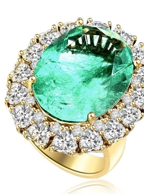 Perfect For Party- Cocktail Ring with Oval Cut Emerald Essence in center surrounded by Heart shape Diamond Essence and Melee. 20.0 Cts. T.W. set in 14K Gold Vermeil.