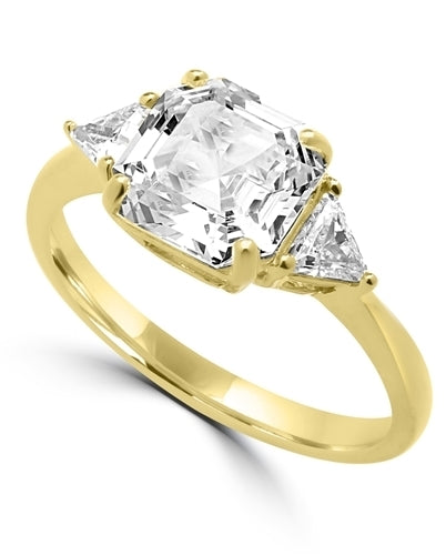 Diamond Essence Ring with 3 Cts. Asscher Cut center Stone and 0.25 Ct Trilliant Stone On Each Side, 3.50 Cts.T.W. In 14K Gold Vermeil.