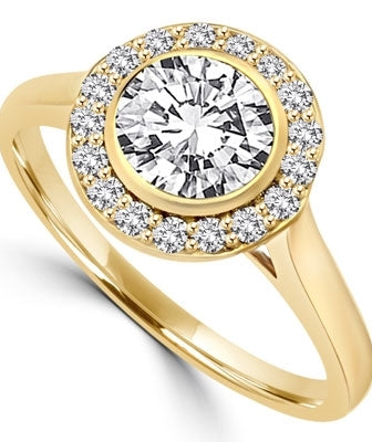 Diamond Essence Ring with 1 Ct. Round Brilliant Stone And Melee Set In 14K Gold Vermeil Bezel Setting.