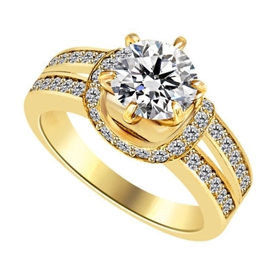 Engagement Ring- 1.75 Cts. Tiffany set Round Brilliant Diamond Essence in center enhanced by melee in curvd setting and two rows of melee on each side, adding more sparkles. 2.25 Cts T.W. set in 14K Gold Vermeil.