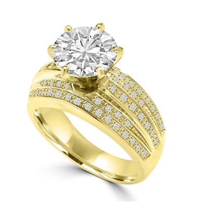 Diamond Essence 3 Cts. Round Brilliant Center Stone In Six Prongs Setting And Delicate Melee In Five Rows, 3.50 Cts.T.W. In 14K Gold Vermeil.