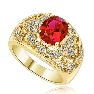 Designer Ring with 2.0 Cts. Oval cut Ruby Essence in center with Melee set floral design on the band. 2.5 Cts. T.W. set in 14K Gold Vermeil.