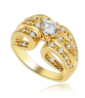 Designer Ring with 0.50 Ct. Round Brilliant Diamond Essence in center with five rows of sparkling Melee on both side. 0.85 Cts. T.W. set in 14K Gold Vermeil.