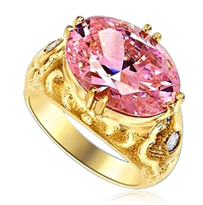 East West Ring - 8.5 Cts. Oval Cut Pink Essence set in heavy, eight prongs setting, with bezel set melee on each side. 8.65 Cts. T.W. set in 14K Gold Vermeil.