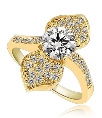 Shining Leaves - Ring with 1.25 Cts. Round Brilliant Diamond Essence in center between two shining leaves, 1.60 Cts. T.W. set in 14K Gold Vermeil.