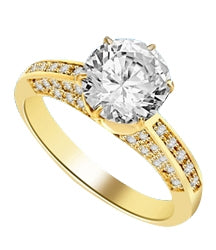 Diamond Essence Designer Ring with 2.0 Cts. Round Brilliant Diamond Essence in Center and melee set on three sides of band, 3.90 Cts. T.W. set in 14k gold vermeil.