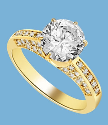 Diamond Essence Designer Ring with 2.0 Cts. Round Brilliant Diamond Essence in Center and melee set on three sides of band, 3.90 Cts. T.W. set in 14k gold vermeil.