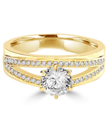 Diamond Essence Ring with 1.0ct. Round brilliant stone set in six prongs with two rows of round stones on each side, 1.20ct. T.W. set in 14K Gold Vermeil.
