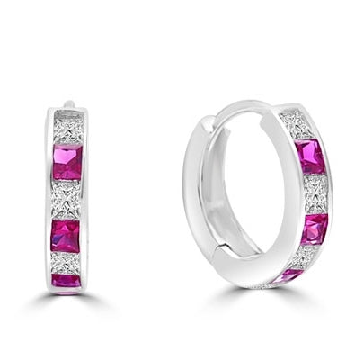 14K White Gold hoop earring with ruby essence diamond.