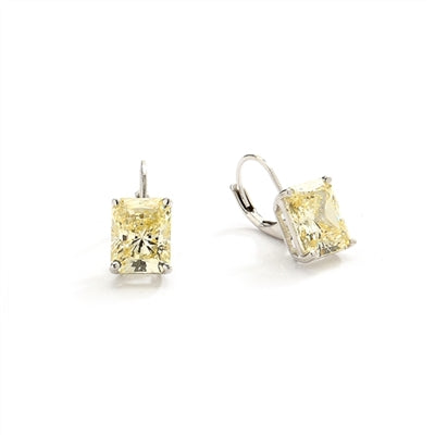 Lever Back With Emerald cut Canary Essence Stone in 14K White Gold.