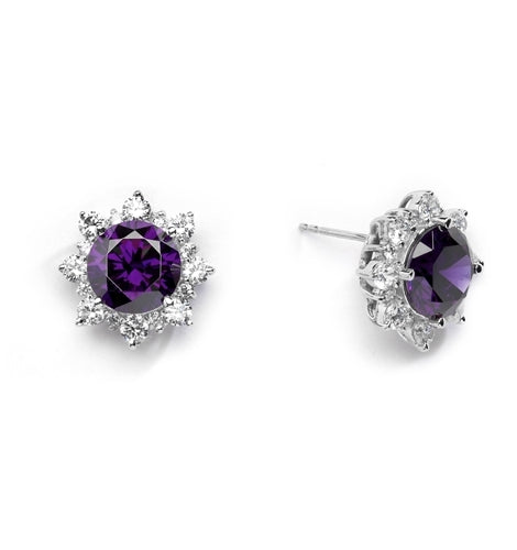 Designer Earrings with Round Amethyst Essence in center Surrounded by Round Brilliant Diamond Essence and Melee. 9.0 Cts. T.W. set in 14K solid White Gold.