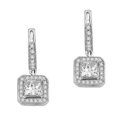 Designer Hoop Earrings with Princess Diamond Essence centerpiece, surrounded by Round Brilliant Melee. 2.25 Cts. T.W. set in 14K solid White Gold.