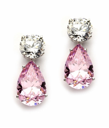 Best Selling Tear Drop Diamond Essence Earrings - White Brilliant Round Stone is 2 Ct and Pink Essence Pear Stone is 5 Ct. A Brilliant Sparkle of 14 Cts. T.W. for the pair of earrings! In 14k Solid White Gold.