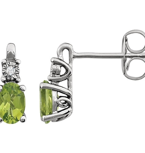 Prong Set Designer Earrings with Peridot Diamond with Round Brilliance on Top by Diamond Essence Set in 14K Solid White Gold