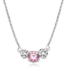 Pink Essence stone accompanied by Diamond Essence stones on each side to make delicate but stunning looking necklace. 14K Solid Gold. 4.0 cts. T.W. on 16 inch White Gold Chain.