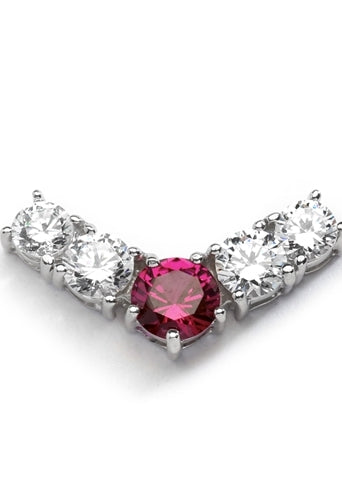 Celebration Necklace- Four round diamond essence stones and Ruby in the middle captured on a 16" necklace.1.5 Cts. T.W. set in 14K Solid White Gold.