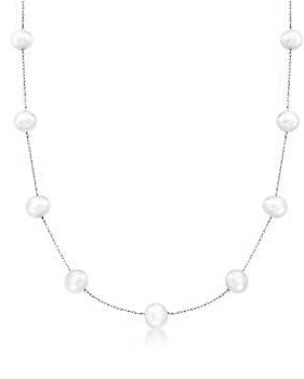 Diamond Essence 18 Inch Long Nine Station Necklace With 4.2mm Each Pearl in 14K White Gold Chain.