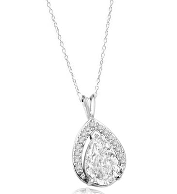 Amazingly designed Pendant with 3.50 Cts. Pear Cut Center and Melee, 4.0 Cts. T.W. in 14K Solid White Gold.
Free Silver Chain Included.