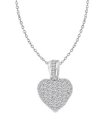 Craftman's delight Heart Pendant with micro pave set Diamond Essence accents shining your love like never before. There are tiny accents on the bale to highlight the overall glory effect. 2.5 Cts. T.W. set in 14K Solid White Gold.