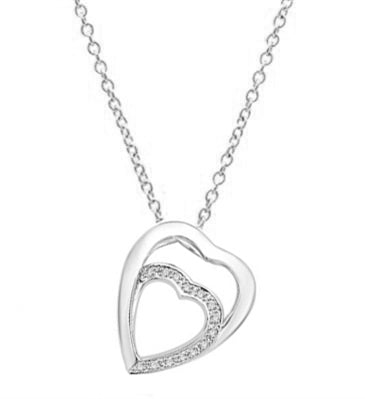 14K Solid Gold pendant with two hearts as one. The larger heart gleams protectingly. The smaller heart nestled lovingly inside flutters with a beautifully bedecked melee of Diamond Essence masterpieces.
