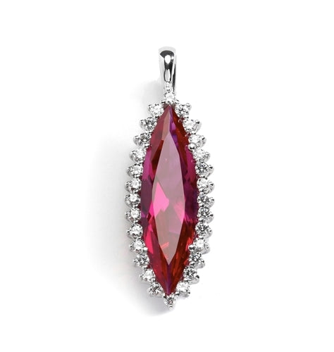 Diamond Essence 4.0 ct. ruby stone surrounded by round stones, 4.5 Cts. T.W. set in 14K Solid White Gold. Chain Included.