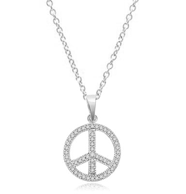 Peace Sign Pendant. Chanel set Round Brilliant Diamond Essence stones sparkling bright and spreading peace everywhere. set in 14K Solid White Gold.