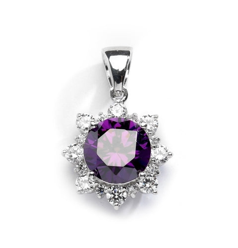 Designer Pendant with Round Amethyst Essence in center surrounded by Round Brilliant Diamond Essence and Melee. 4.5 Cts. T.W. set in 14K Solid White Gold.
