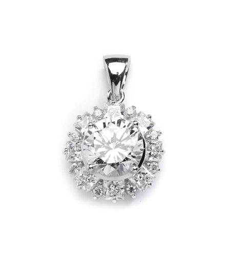 Designer Pendant with 4.0 Cts Round Brilliant Diamond Essence in center surrounded by alternately set in Princess and Melee. 7.25 Cts T.W. in 14K Solid White Gold.