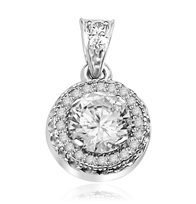Pendant with Round Brilliant Diamond Essence in Center, surrounded by Melee 1.25 Cts T.W. set in 14K Solid White Gold.