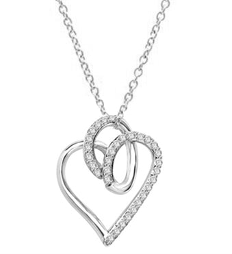 Superb Heart Shaped Pendant with Brilliant Diamond Essence Stones on Fluttery Curves. 1.5 Cts. T.W. In 14k Solid White Gold.
