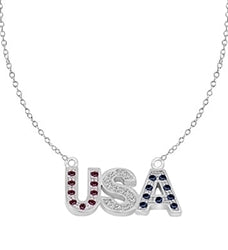 Let the patriotism show this season. Diamond Essence Pendant with Round Ruby, Sapphire and Brilliant Stones, In 14k Solid White Gold with Chain.