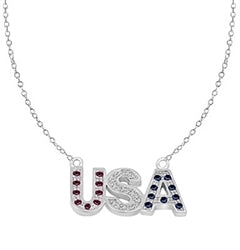 Let the patriotism show this season. Diamond Essence Pendant with Round Ruby, Sapphire and Brilliant Stones, In 14k Solid White Gold with Chain.