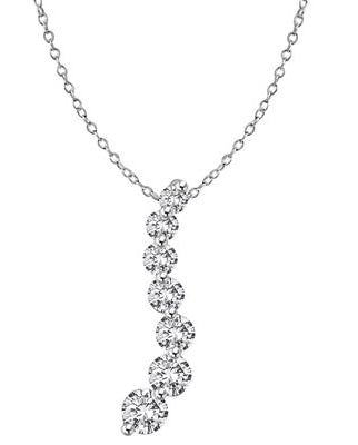 Diamond Essence Journey Pendant of 7 Round Brilliant Graduated Stones set in 14K Solid White Gold. 5.0 cts.t.w. (Also available in Platinum Plated Sterling Silver, Item# SPE1702).
Free Silver Chain Included.