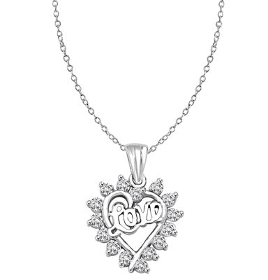 Diamond Essence LOVE Pendant with 0.6 Ct.T.W Round Brilliant Melee,14K Solid White Gold.