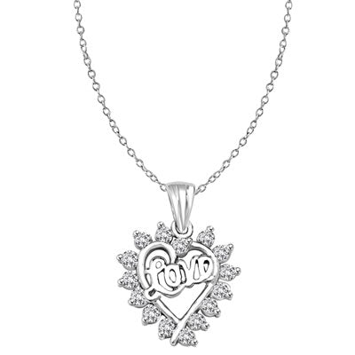 Diamond Essence LOVE Pendant with 0.6 Ct.T.W Round Brilliant Melee,14K Solid White Gold.
