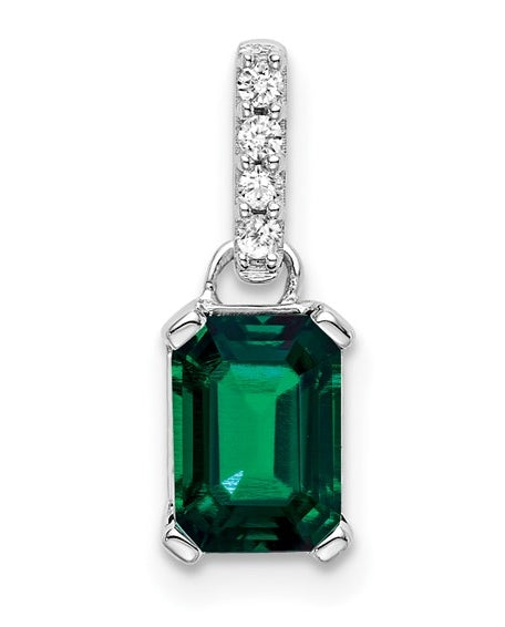 Lab grown diamond and emerald color pendant in 14k white gold prong setting