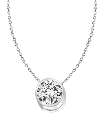 Diamond Essence 1.0 Ct. Round Brilliant set in Bezel setting of 14K White Gold, comes as a Slide on 14k White Gold chain of 18". Perfect for everyday.