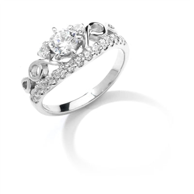 Prong Set Artistic Ring with Simulated Round Brilliant Diamonds by Diamond Essence set in 14K Solid White Gold
