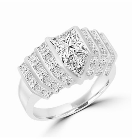 14K Solid Gold ring with 2.0 cts. center Octrillion stone flanked by round stones all the way down. 8.30 cts.t.w.