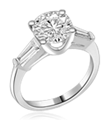 14K Solid Gold Diamond Essence engagement ring. 2.0 ct. round brilliant stones and a delicate baguette on each side. 2.50 cts.t.w. Perfect for the occasion.