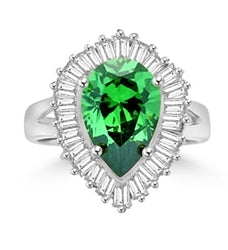 Ballerina Ring- 3.0 Carats Emerald Essence Pear surrounded by pirouetting smaller jewels. Will have them on their toes-and you calling the tune, 3.8 cts t.w. in 14K Solid White Gold.