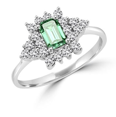 Green Eyes- Ring with Emerald Cut Emerald Essence in Center,and melee accents.set in 14K Solid White Gold.