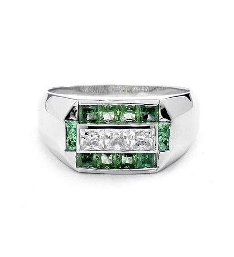 Man's Ring with 0.75 cts, Radiant Square Diamond Essence Center Stones surrounded by 1.0 cts. Princess Cut Emerald Essence, channel set in 14k Solid White Gold.