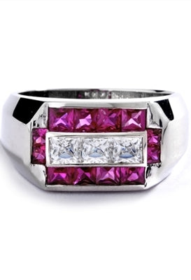 Man's Ring with 0.75 cts, Radiant Square Diamond Essence Center Stones surrounded by 1.0 cts. Princess Cut Ruby Essence, channel set in 14k Solid White Gold.